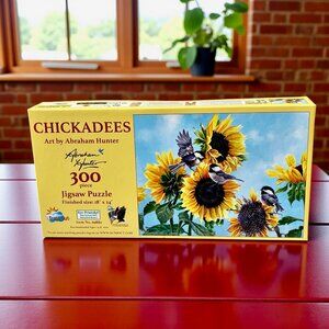 SunsOut Jigsaw Puzzle 300 Piece CHICKADEES Birds & Sunflowers Abraham Hunter Art